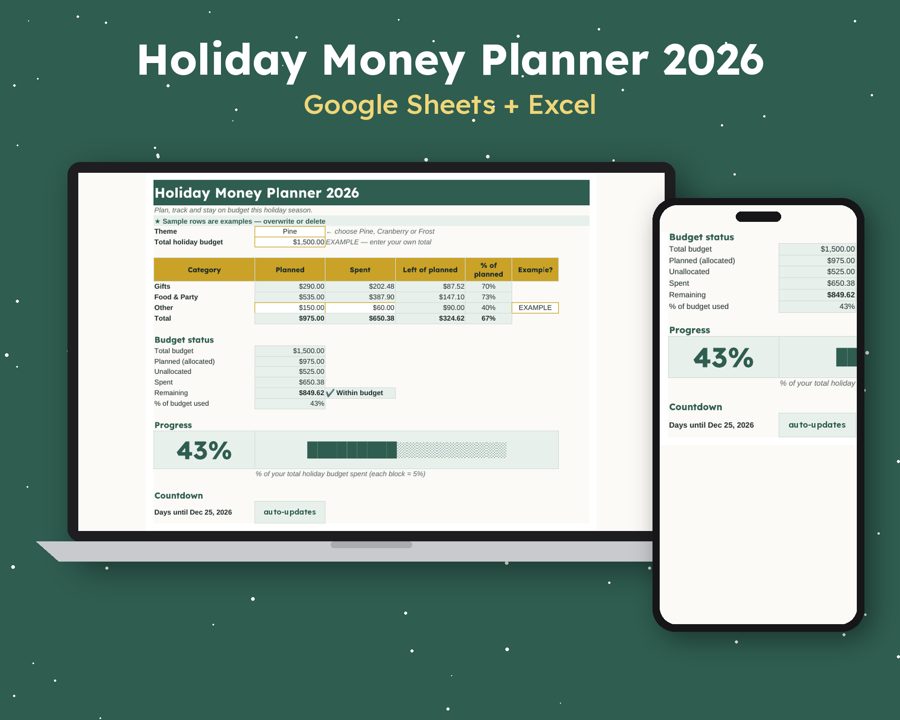 Holiday Money Planner 2026 spreadsheet shown on a laptop, with the budget overview and gift list